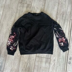Anne Fontaine Black Shirt with Lace Floral Sleeves